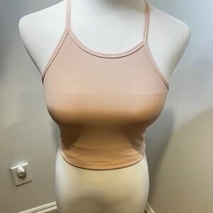 LASLULU Ribbed Racerback Halter Crop Top Women's Size S Nude Pink